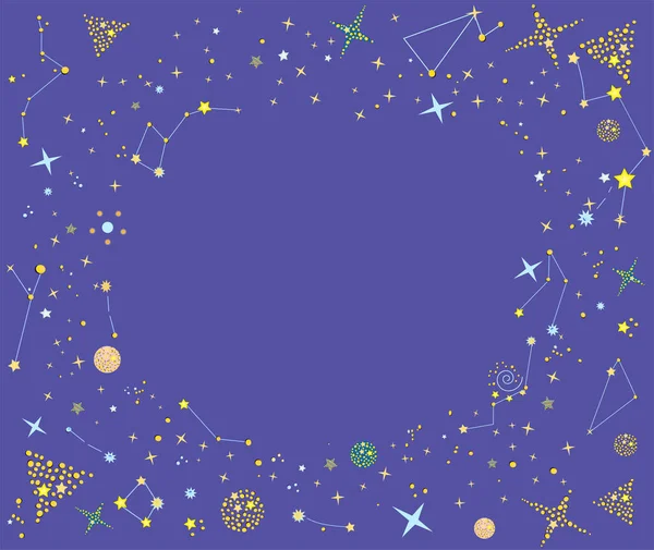 Starry frame with stars, planets, constellations and empty space for text on the blue background. — 스톡 벡터