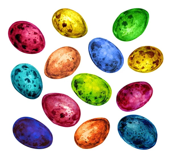 Set of quail colorful easter eggs isolated on white background. Handdrawn illustration in style watercolor — Stock Photo, Image