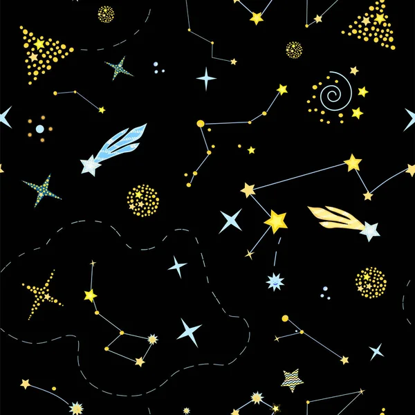 Όμορφο ατελείωτο κοσμικό μοτίβο με αστερισμούς, ζωδιακούς, πλανήτες, κομήτες σε μαύρο φόντο. Εικονογράφηση διανύσματος — Διανυσματικό Αρχείο