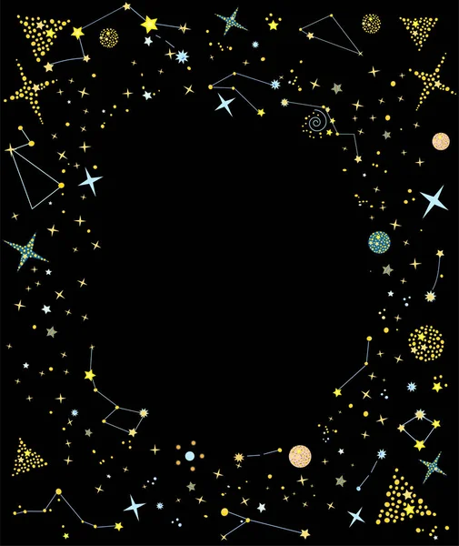 Έναστρο πλαίσιο με αστέρια, πλανήτες, αστερισμούς και κενό χώρο για κείμενο στο μαύρο φόντο. — Διανυσματικό Αρχείο