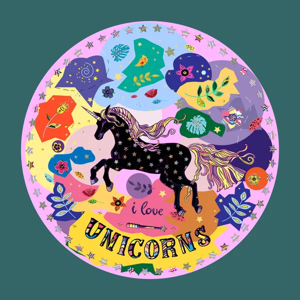 Unicornio estrellado negro dentro de manchas de colores y flores con letras me encanta unicornio. Ilustración vectorial — Vector de stock