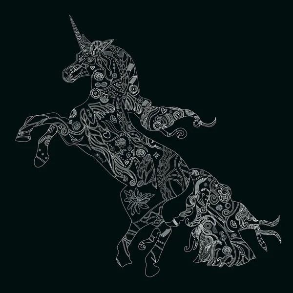 Ilustración vectorial. Dibujo de contorno de unicornio de líneas blancas aisladas sobre fondo negro — Archivo Imágenes Vectoriales