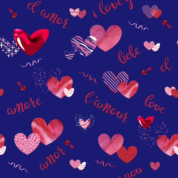 Vörös és rózsaszín szívek szó szeretet írva különböző nyelveken elszigetelt kék háttérrel. Vektorillusztráció — Stock Vector