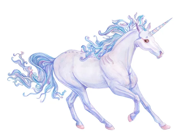 Hermoso unicornio en colores azul, gris y rosa aislado sobre el fondo blanco. Ilustración en acuarela —  Fotos de Stock