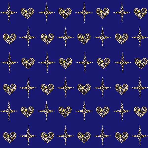 Πολυτελές μοτίβο χωρίς ραφή με χρυσές καρδιές και σταυρούς στο μπλε backgound. Εικονογράφηση διανύσματος — Διανυσματικό Αρχείο