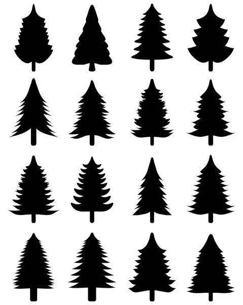 Beyaz bir arka plan üzerinde siyah Noel ağaçları kümesi