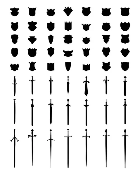 Silhouetten Von Schwertern Und Schilden Auf Weißem Hintergrund — Stockvektor
