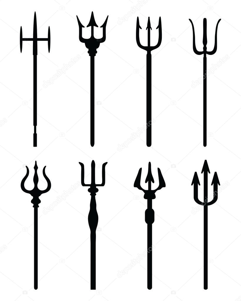 Set of black silhouettes of different tridents