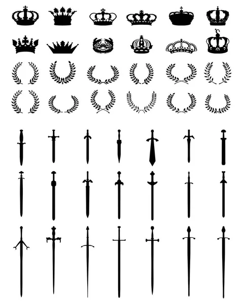 Zwarte Silhouetten Van Kronen Kransen Zwaarden — Stockvector