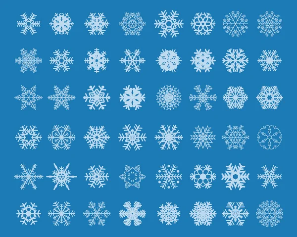Sada Různých Bílých Sněhových Vloček Modrém Pozadí — Stockový vektor