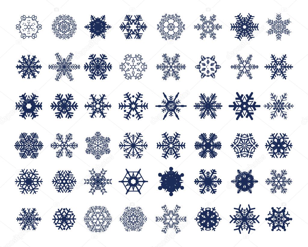 Set of different blue snowflakes on a white background