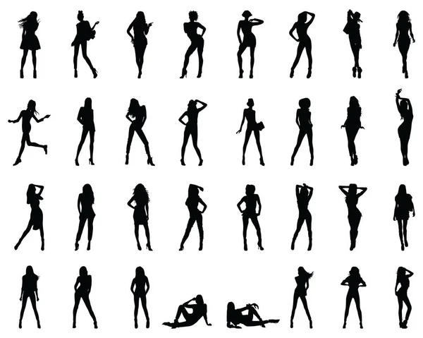 Silhouettes Noires Belles Filles Dans Diverses Poses Sur Fond Blanc — Image vectorielle