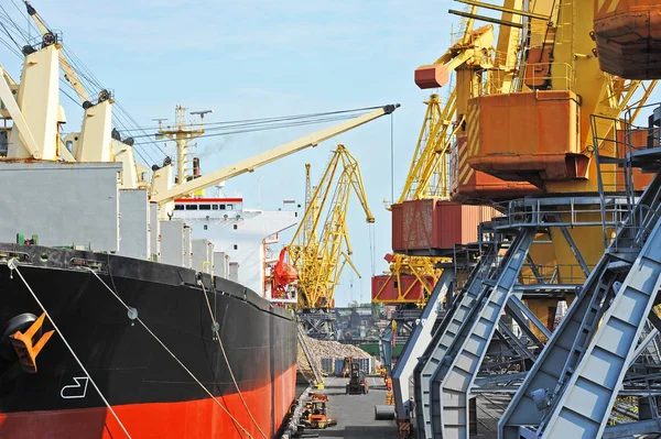 Bulk cargo ship under port crane — Stock Photo, Image