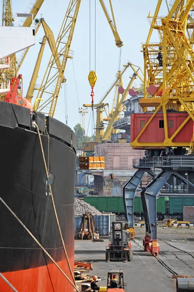 Bulk cargo ship under port crane