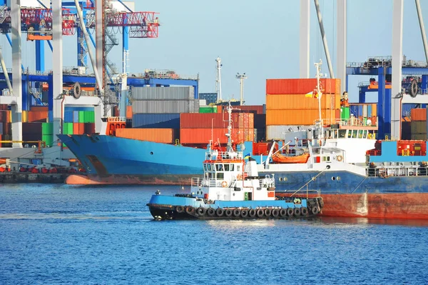 Tugboat assisting bulk cargo ship — Stock Photo, Image