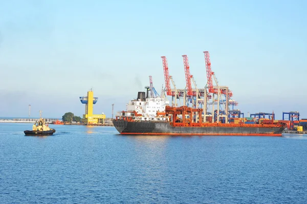 Taubåt som assisterer bulkskip – stockfoto