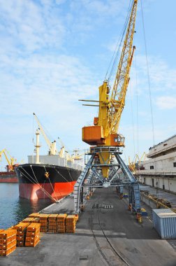 toplu yük gemisi liman vinç altında