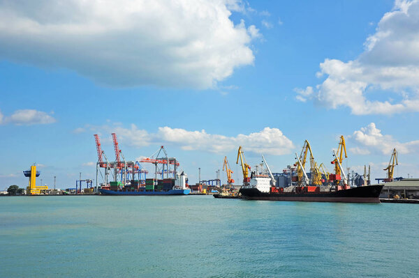 Bulk cargo ship under port crane