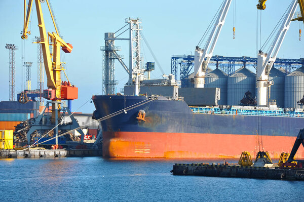 Bulk cargo ship under port crane