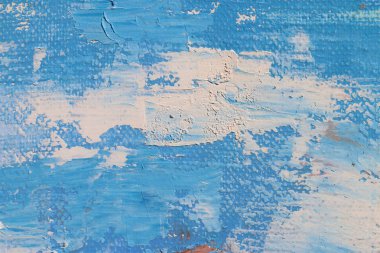 Gökyüzü ve bulutlar tuval üzerine boya. Soyut sanat arka plan. Keten üzerine yağlıboya. Kaba yünlü kumaş dokusu. Boya darbeleri.