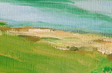 Yeşil renkli yağlı boya keten üzerinde. Soyut sanat arka plan. Kaba yünlü kumaş dokusu. Boya darbeleri.