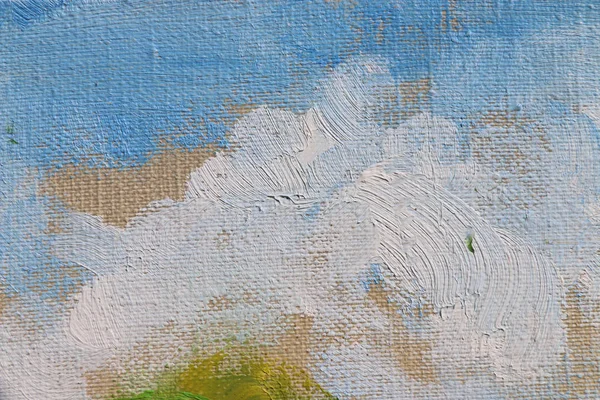 Cielo e nuvole dipingono su tela. Sfondo astratto arte. Pittura ad olio su tela. Tessuto di lana grossolana. Pennellate di vernice . — Foto Stock