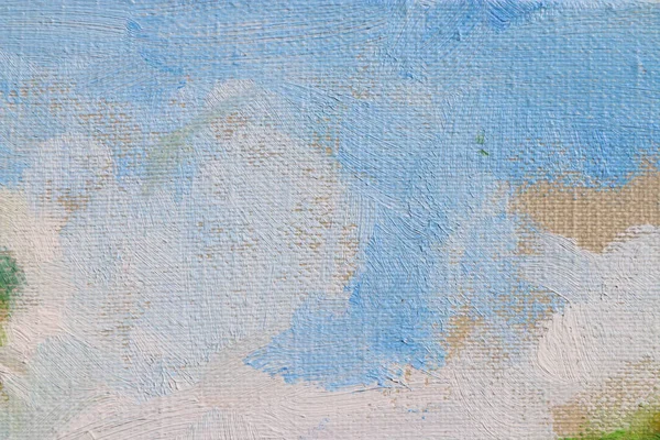 Cielo e nuvole dipingono su tela. Sfondo astratto arte. Pittura ad olio su tela. Tessuto di lana grossolana. Pennellate di vernice . — Foto Stock