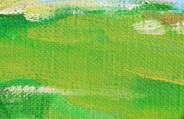 Green color oil paint on linen. Abstract art background. Coarse woolen fabric texture. Brushstrokes of paint.