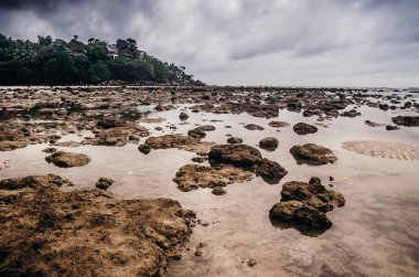 Düşük su kasvetli gün ile plaj