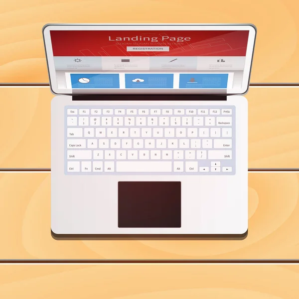 Digitale laptop apparaat van de computer met scherm van de Landing Page op woode — Stockvector