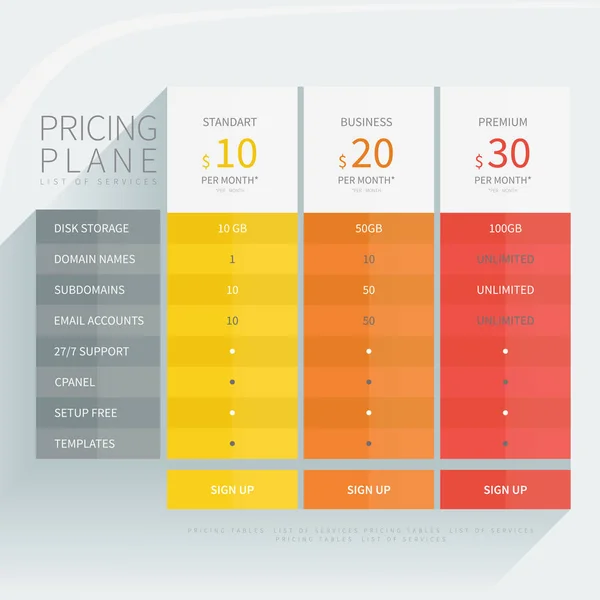 Таблиця порівняння цін на комерційні веб-сервіси та додатки . — стоковий вектор