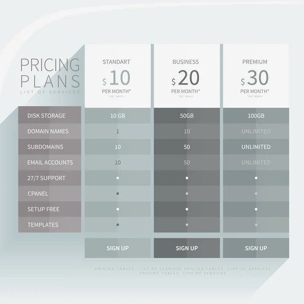 Pricing comparison table set for commercial business web services and applications. — Stock Vector