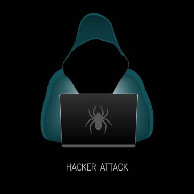 Rus kesmek ABD. Beyaz arka plan üzerinde bir dizüstü bilgisayar önünde oturan bir karanlık başlıklı hacker.