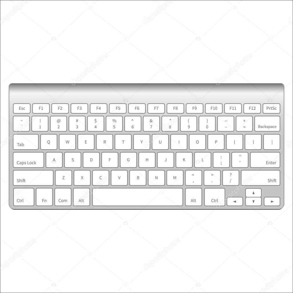 Realistic aluminum computer keyboard isolated on white background.