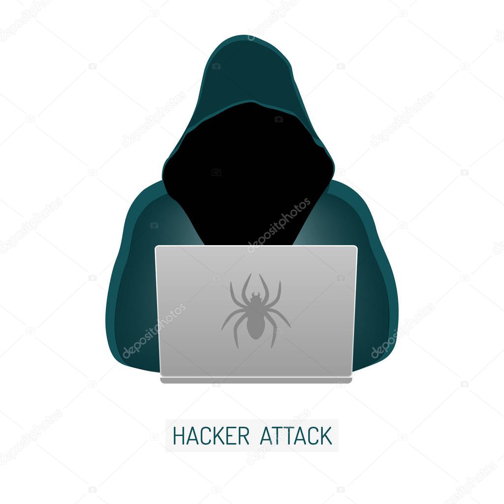 Russian hacking USA. Hacker in a dark hood sitting in front of a laptop on white background.