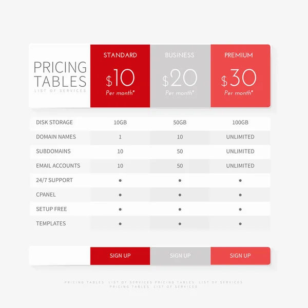 Comparação de plano de preços definido para serviços web de negócios comerciais — Vetor de Stock