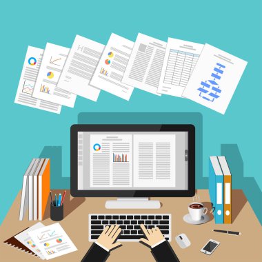 Bilgisayar masasında üzerinde çalışıyor. Rapor kavram yapma