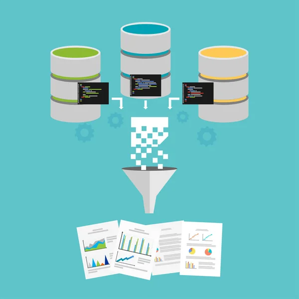 Extraer conocimiento de los datos. Minería de datos o concepto de procesamiento de inteligencia empresarial . — Vector de stock