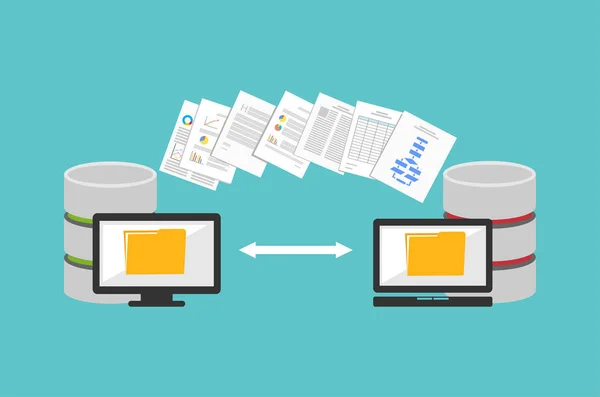 Transferir ficheiros. A partilhar ficheiros. Comunicação entre dois computadores . —  Vetores de Stock