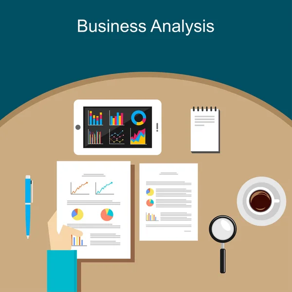 La persona de negocios analiza las estadísticas de economía de datos. Concepto de estadísticas empresariales. Analista de negocios . — Vector de stock