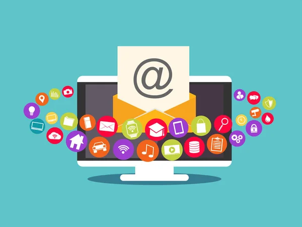 E-Mail Marketing. E-Mail-Inhalte. Multimedia-E-Mail. — Stockvektor