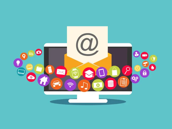 E-mail marketing. Conteúdo de email. Email multimídia . — Vetor de Stock