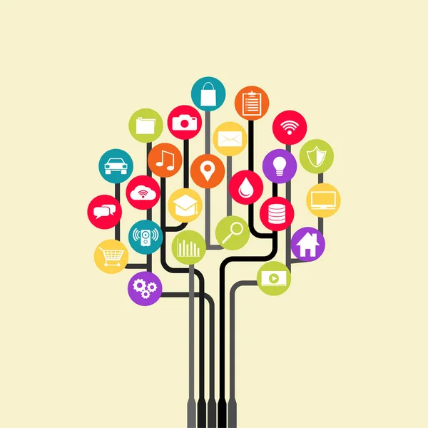 Tecnologia de árvore de crescimento. Plano de fundo de tecnologia abstrata com linhas, círculos e ícones . —  Vetores de Stock