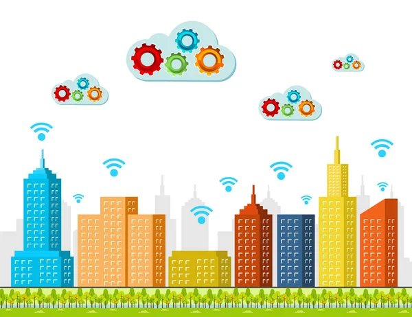 Servicios de computación en nube. Concepto de ciudad inteligente . — Vector de stock