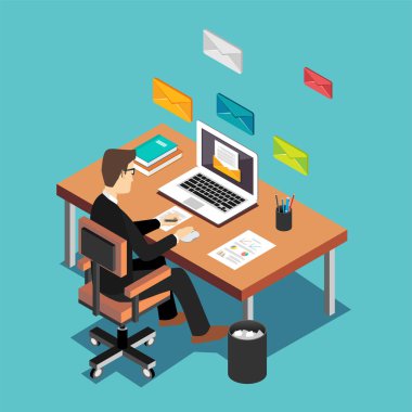 E-postalar ve istemcileriyle iletişim gönderme bir ofis çalışanı. E-posta pazarlama kavramı. 3D izometrik teknoloji kavramı düz.