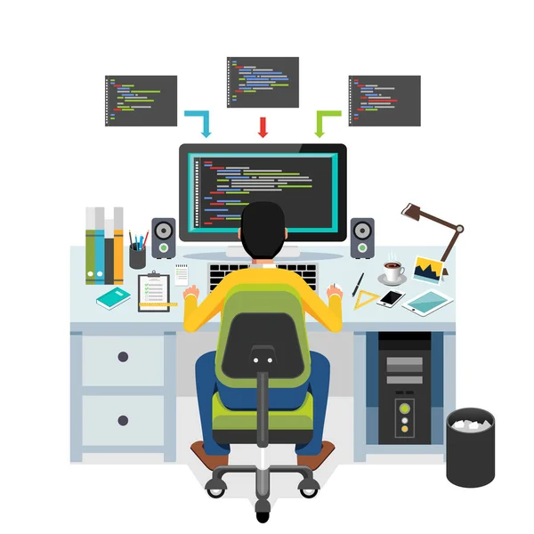 Programador trabajando en computadora. — Vector de stock