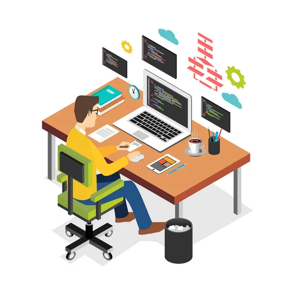 Professional programmer working writing code on laptop computer at desk. Programmer developer workplace. Flat 3d isometric technology concept. — Stock Vector