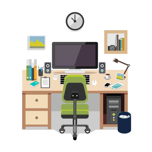 Lugar de trabajo en el hogar concepto de diseño plano — Vector de stock