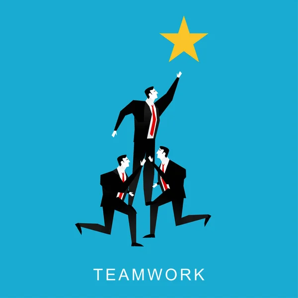 Cooperation or teamwork concept illustration. Teamwork businessmen pyramid to reach star. — Stock Vector