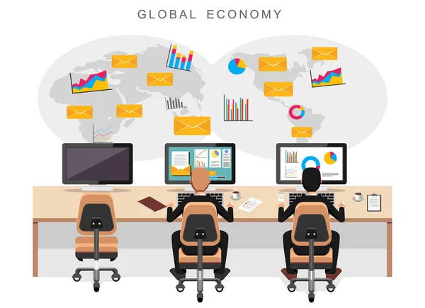 全球经济或世界经济。商界人士监测国际经济. — 图库矢量图片